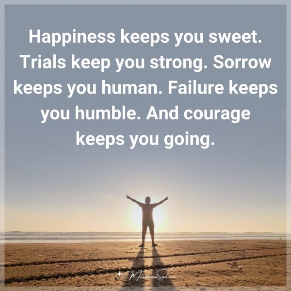 Happiness keeps you sweet. Trials keep you strong. Sorrow keeps you human. Failure keeps you humble. And courage keeps you going.