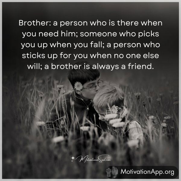 Brother: a person who is there when you need him; someone who picks you up when you fall; a person who sticks up for you when no one else will; a brother is always a friend.