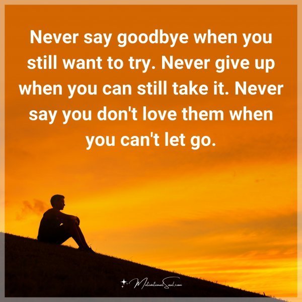 Never say goodbye when you still want to try. Never give up when you can still take it. Never say you don't love them when you can't let go.