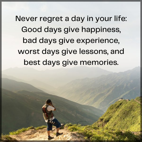 Quote: Never regret a day in your life: Good days give happiness, bad days