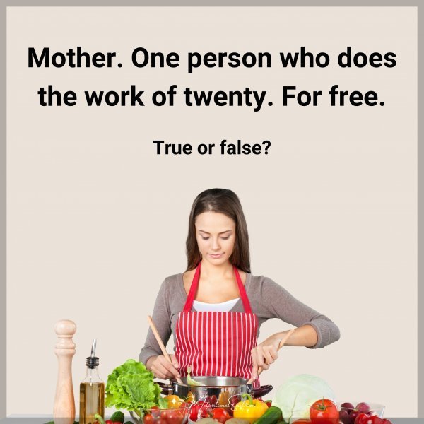 Mother. One person who does the work of twenty. For free. True or false?