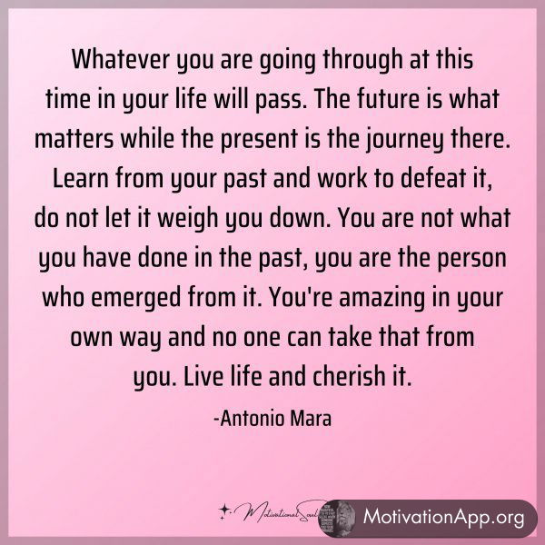 Whatever you are going through at this time in your life will pass. The future is what matters while the present is the journey there. Learn from your past and work to defeat it