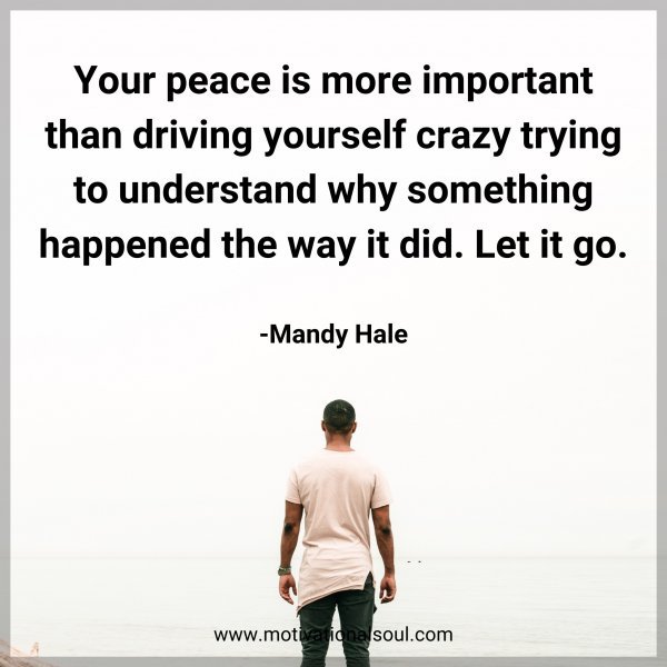 Your peace is more important than driving yourself crazy trying to understand why something happened the way it did. Let it go. -Mandy Hale